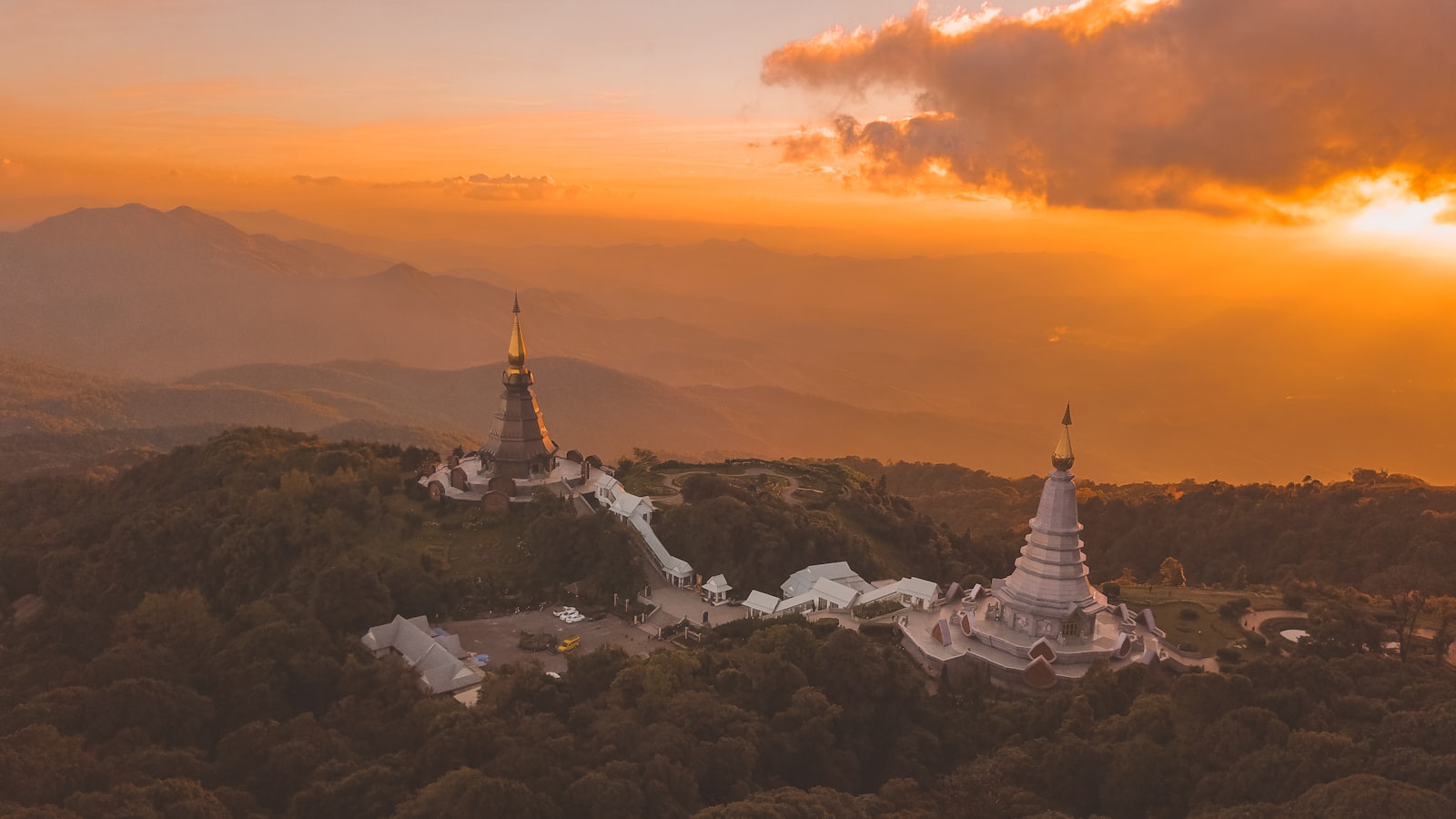 The twin royal pagodas at Doi Inthanon at sunset